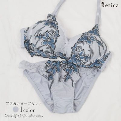 クラシカルシフォンフラワー刺繍ブラジャー&ショーツセット★(グレー)(B~D,65~75)