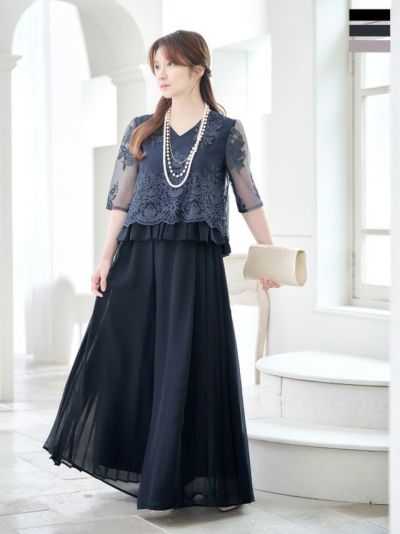 Vネック花柄刺繍ペプラムトップス×ドレープシフォンワイドパンツセットアップパーティードレス (Sサイズ～Lサイズ)(小澤美里)[Retica/レティカ]
