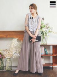 【ポイント10倍】 Vネック花柄刺繍ペプラムトップス×ドレープシフォンワイドパンツ スーツ・フォーマル・ドレス