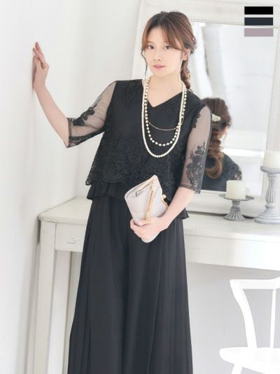 七分丈フラワーレースペプラムトップス×シフォンドレープワイドパンツセパレートデザインパーティードレス (Sサイズ～Lサイズ) (小澤美里)[Retica/レティカ]