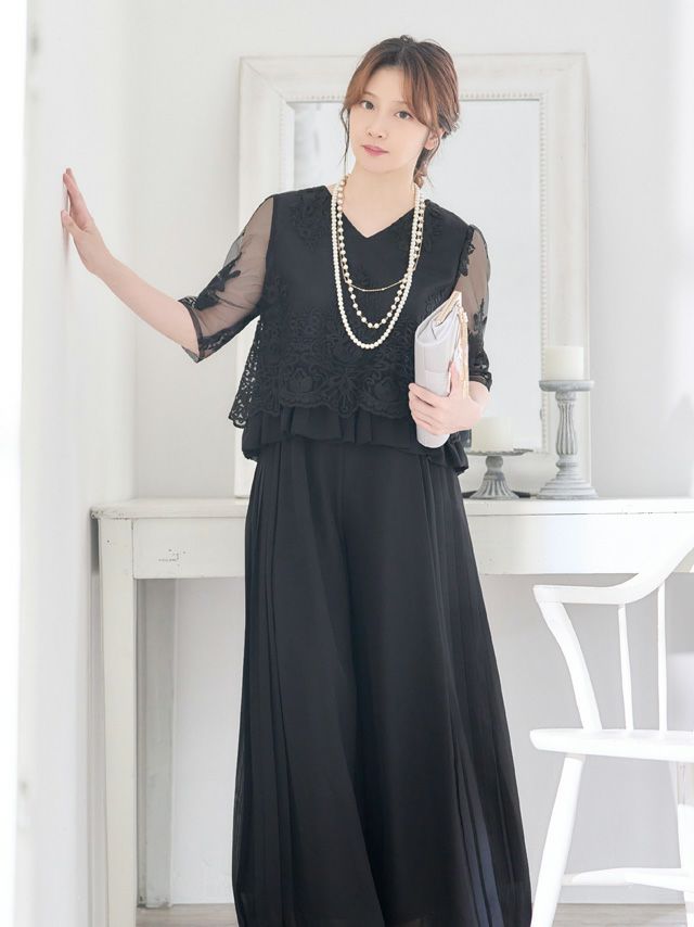 ワイドスリーブパンツドレス(ブラック)H3-431BL-XL | OTONA DRESS