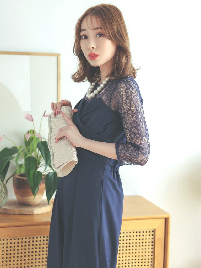 SALE] カシュクール風七分袖ワイドパンツオールインワン