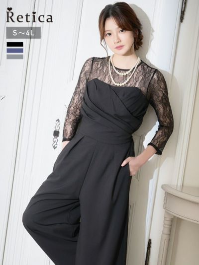 [SALE] クルーネックレーススリーブカシュクール風オールインワンパーティードレス (Sサイズ～4Lサイズ) (小澤美里)