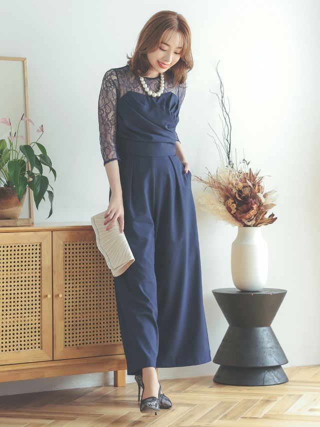 SALE] クルーネックレーススリーブカシュクール風オールインワン