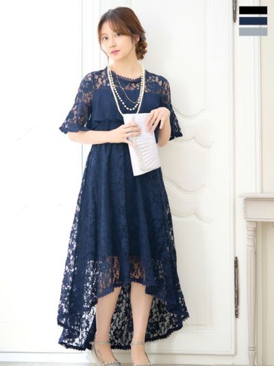 総ラッセルレースシフォン切替フィッシュテールロングワンピースパーティードレス (Sサイズ～XLサイズ)(小澤美里)