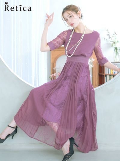 [SALE] レーススリーブウエスト切替シフォンドレープロングパーティードレス (Sサイズ～XXXLサイズ)