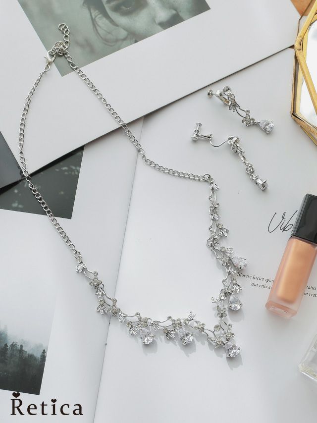 結婚式 お呼ばれ アクセサリー ラインストーンフラワーネックレスイヤリングセット