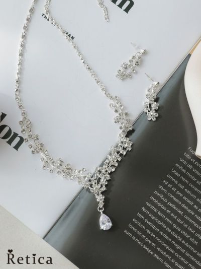 シンプルビジューネックレスピアスセット(シルバー)