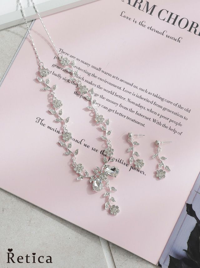 結婚式 お呼ばれ アクセサリー フラワーリーフモチーフネックレスピアスセット