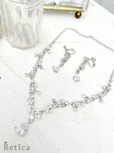 フラワービジューラインストーンネックレスイヤリングセット(シルバー)