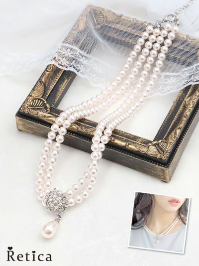 ビジューデザインパール二連ネックレス (ホワイト)