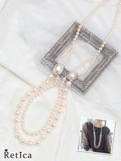 パールビジュー切り替え二連ロングネックレス (ホワイト)