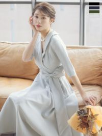 襟付きカシュクールネック五分袖ミディアムワンピースドレス (XS