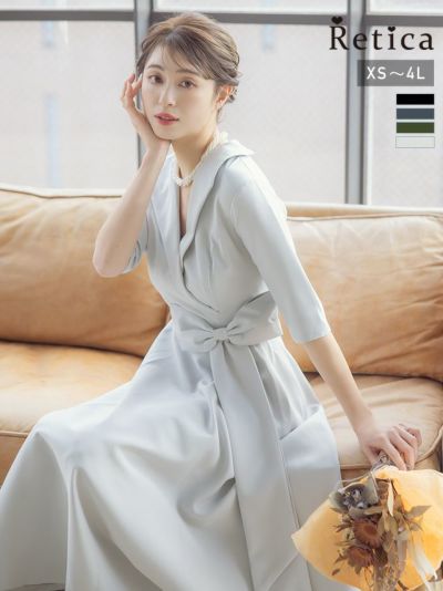 [SALE] ウエストリボン五分袖シンプルミモレ丈パーティードレス (XSサイズ～4Lサイズ)
