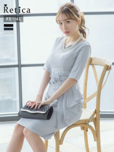 [SALE] 五分袖立体フラワーレースミディアムパーティードレス (XSサイズ～4Lサイズ)