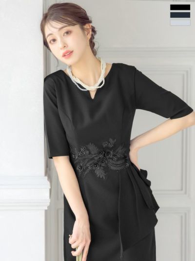 [SALE] スリットネック袖ありワンピースミディアム丈パーティードレス (XSサイズ～XXXLサイズ)