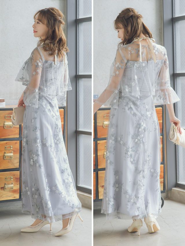 【新品未使用】フラワー刺繍フリル七分袖ロング丈パーティードレス ミント XS フラワー刺繍フリル七分袖ロング丈パーティードレス (XSサイズ～4L