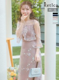 フラワー刺繍フリル七分袖ロング丈パーティードレス (XSサイズ