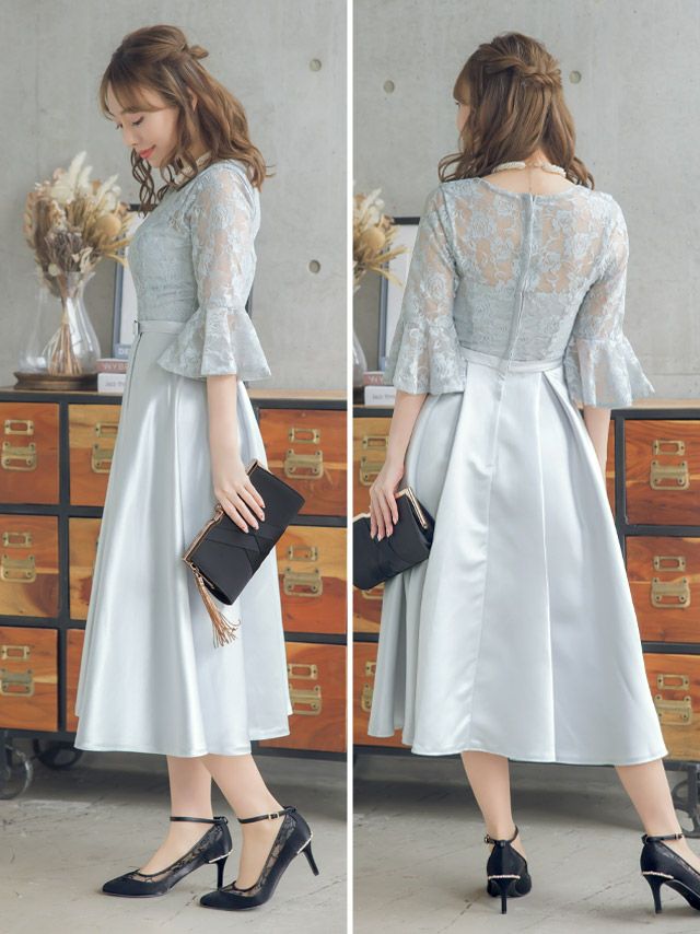SALE] 花柄刺繍レースベルスリーブサテンスカートパーティードレス (XS