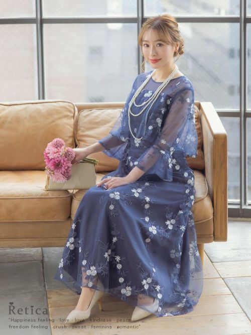 花柄七分袖重ねチュールスカートロング丈パーティードレス 花柄七分袖重ねチュールスカートロング丈パーティードレス