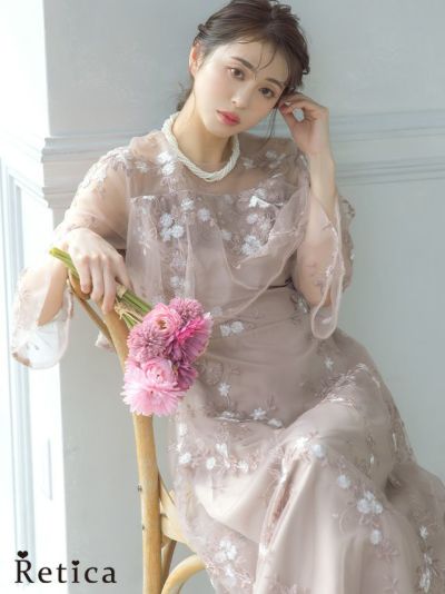シースルー七分袖花柄刺繍ロングパーティードレス (XSサイズ～XXXLサイズ)
