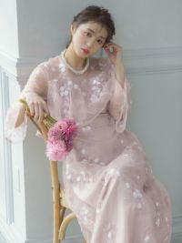 シースルー七分袖花柄刺繍ロングパーティードレス (XSサイズ～XXXL 