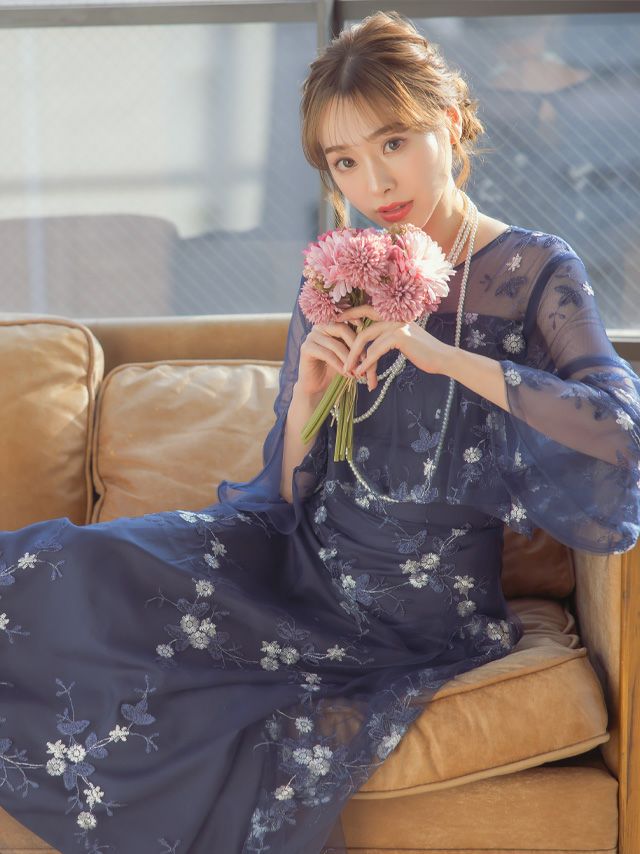 シースルー七分袖花柄刺繍ロングパーティードレス (XSサイズ～XXXL 