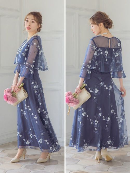 チュール刺繍フラワーロングパーティードレス (XSサイズ～4L