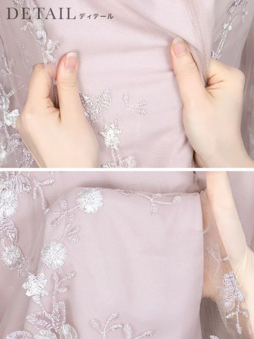チュール刺繍フラワーロングパーティードレス (XSサイズ～4L