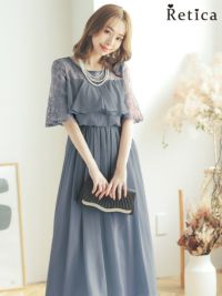 ラメ入りレース袖シフォンスカートロング丈パーティードレス (S