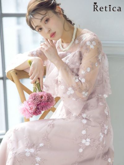 [SALE] 花柄刺繍フリルデザインロング丈パーティードレス (XSサイズ～XXXLサイズ)