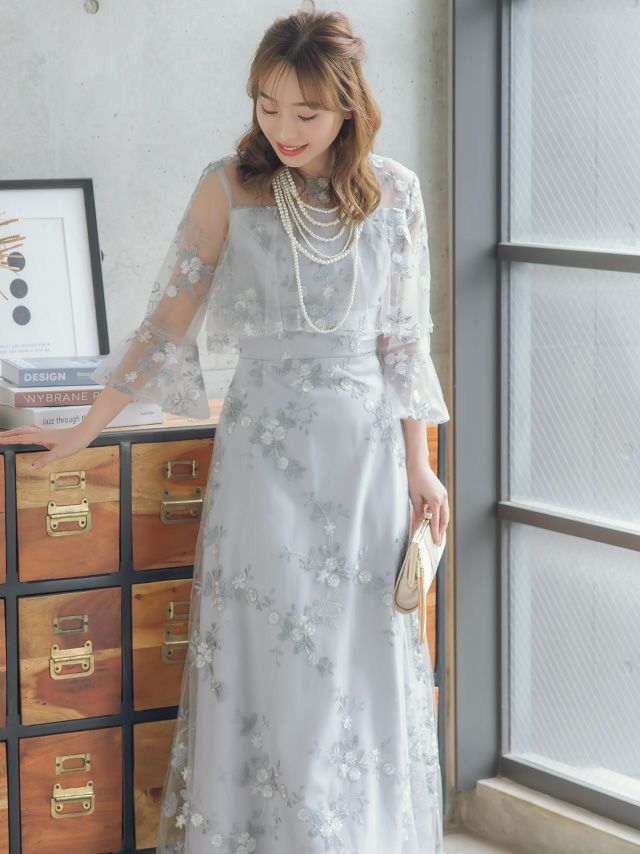 花柄刺繍フリルデザインロング丈パーティードレス (XSサイズ～XXXL 