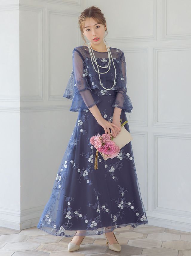 花柄刺繍フリルデザインロング丈パーティードレス (XSサイズ～XXXL 