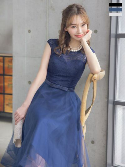 ノースリーブレース×重ねチュールスカートワンピースミディアム丈パーティードレス (XSサイズ～XXXLサイズ)