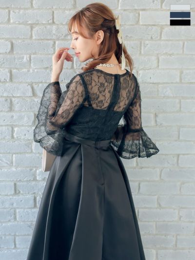 フラワー刺繍×サテンスカートウエストリボン膝丈パーティードレス (XSサイズ～XXLサイズ)