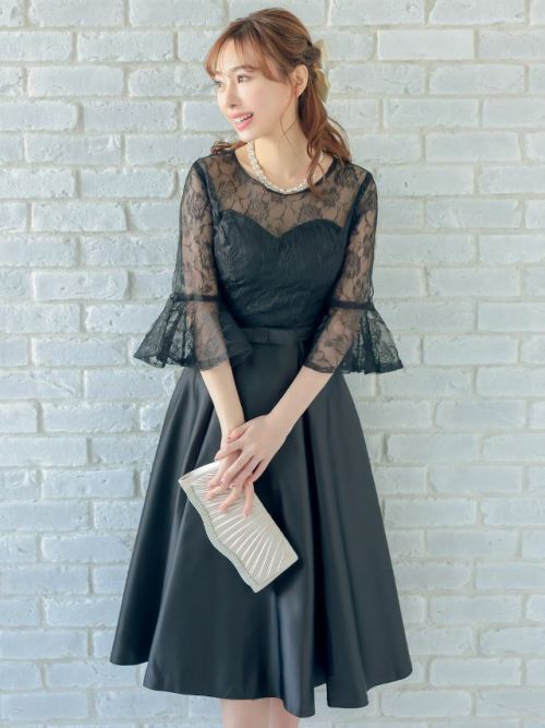 美しい花柄レースにサテンスカートの六分袖 イブニングドレス イブニングドレス パーティードレス ドレススカート ロング