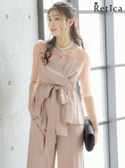 [SALE] シースルー袖ビスチェ風デザインパンツセットアップパーティードレス (Sサイズ～3Lサイズ)