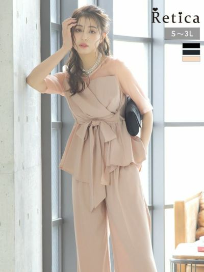 [SALE] シースルー袖ビスチェ風デザインパンツセットアップパーティードレス (Sサイズ～3Lサイズ)