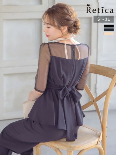 [SALE] レース五分袖ウエストリボンパンツセットアップパーティードレス (Sサイズ～3Lサイズ)