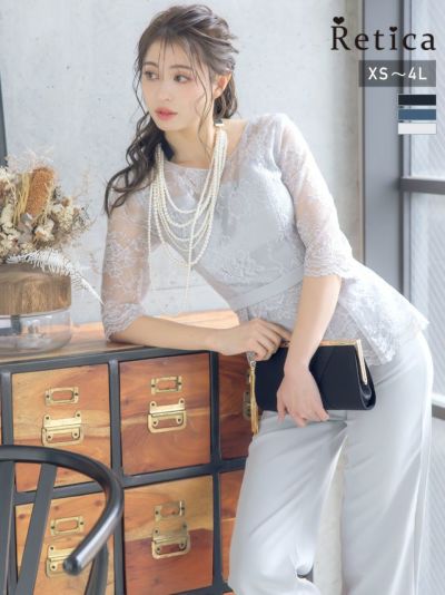 [SALE] 七分袖ウエストマークレーストップスパンツオールインワンパーティードレス (XSサイズ～4Lサイズ)