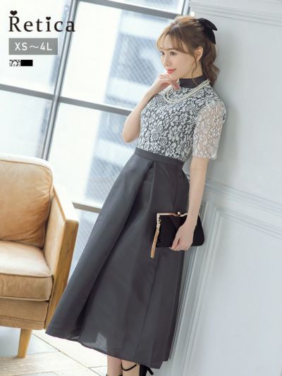 [SALE] 刺繍レース半袖サテンフレアスカートロングパーティードレス (XSサイズ～4Lサイズ)