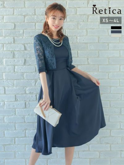 [SALE] レース七分袖サテンワンピースミモレ丈パーティードレス (XSサイズ～4Lサイズ)
