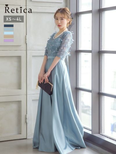 [SALE] レーストップス五分袖ロング丈ワンピースパーティードレス (XSサイズ～4Lサイズ)
