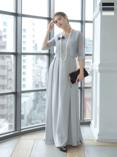 [SALE] レースボレロ風七分袖デザインワンカラーマキシロング丈パーティードレス (XSサイズ～XXXLサイズ)