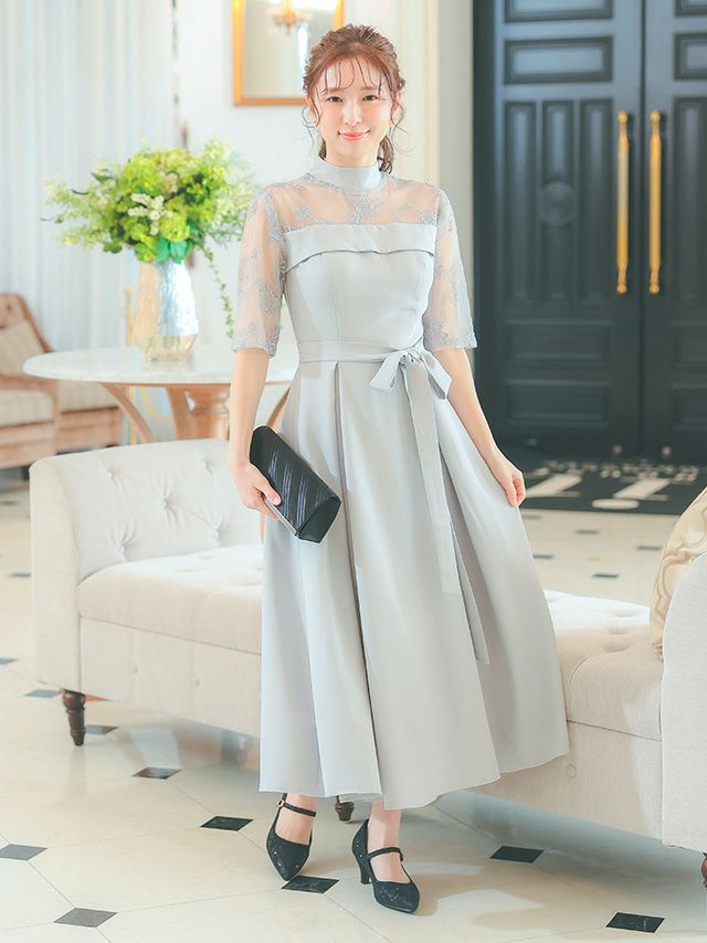 ビスチェ風デザインハイネックレース五分袖ミモレ丈パーティードレス