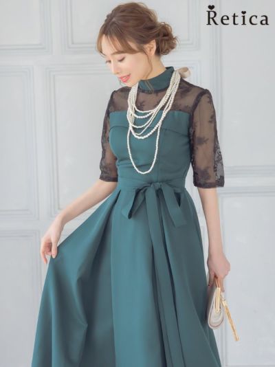 ハイネックレース袖ボックスプリーツひざ下丈ワンピースパーティードレス (XSサイズ～XXXLサイズ)