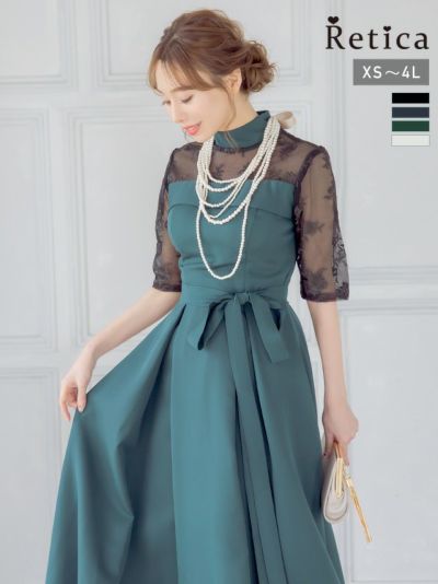 [SALE] ハイネックレース袖ボックスプリーツひざ下丈ワンピースパーティードレス (XSサイズ～4Lサイズ)