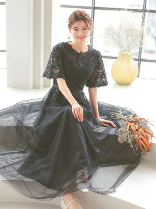 パーティードレス Sleeveless Scalloped Lace Dress シースルーレース五分袖重ねシフォンロングスカートパーティー