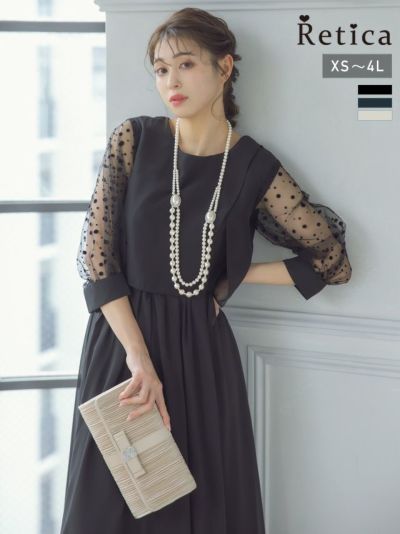 シースルー七分袖シフォンスカートパーティードレス (XSサイズ～4Lサイズ)