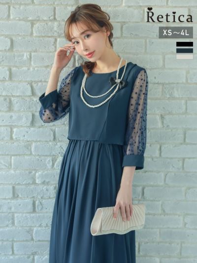 セットアップ風シースルー袖ロングパーティードレス (XSサイズ～4Lサイズ)